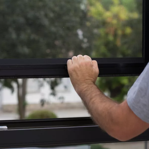 zwart kunststof raam met hor